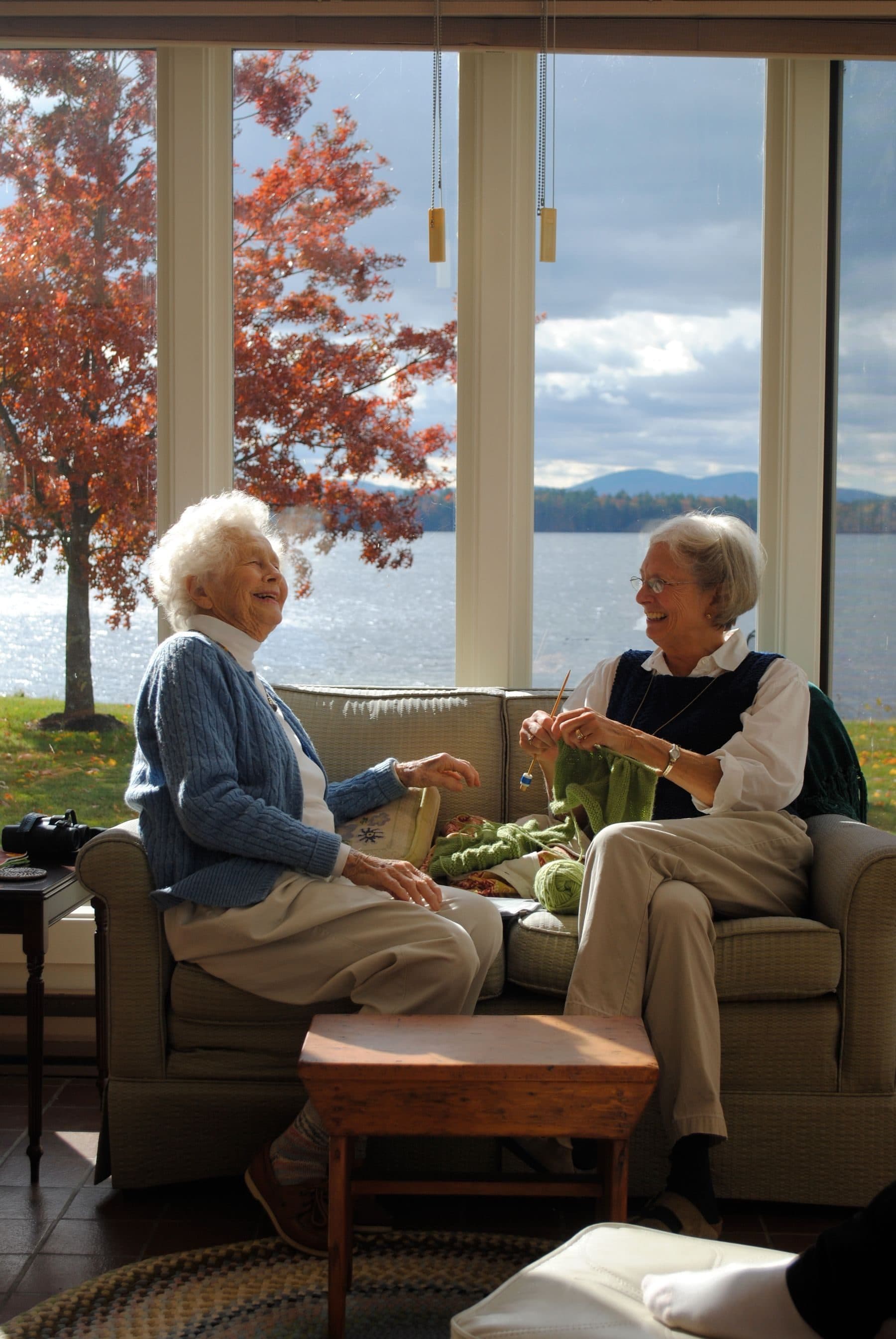 Two older women enjoying each other's company at home